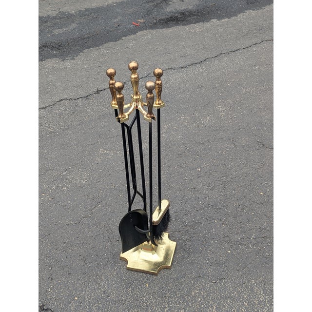 Brass Vintage Brass Plated Metal Fireplace Tools/ 4 Tools and Stand Fireplace Tools Set For Sale - Image 8 of 9