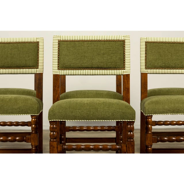 French Late 19th Century French Louis XIII Oak Dining Chairs in Moss Green, Set of 10 For Sale - Image 3 of 18