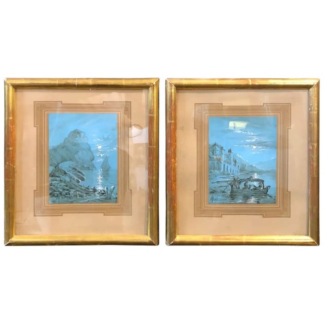 Late 19th Century French Figurative Blue Neapolitan Gouache Paintings, Framed - a Pair For Sale - Image 11 of 11