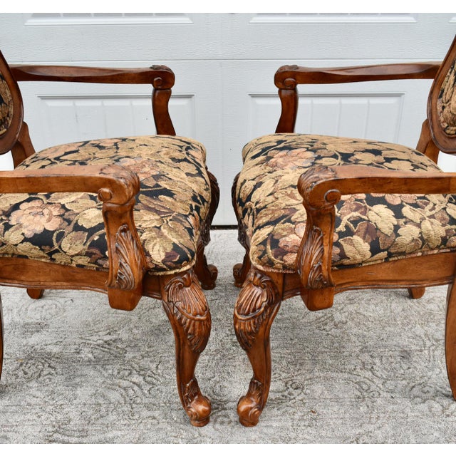 1980s Vintage Pair of Thomasville Carved Tuscan Style Arm Chairs W/Floral Fabric For Sale - Image 5 of 11