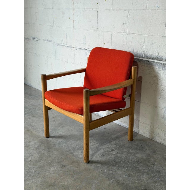 Mid 20th Century Vintage Danish Oak Lounge Chair by Skive Møbelfabrik Mid-Century Modern Red Upholstery For Sale - Image 5 of 13