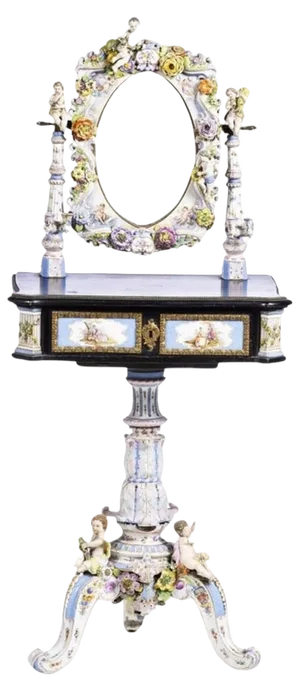 German Dressing Table in Ebonized Wood and Dresden Porcelain, 19th Century