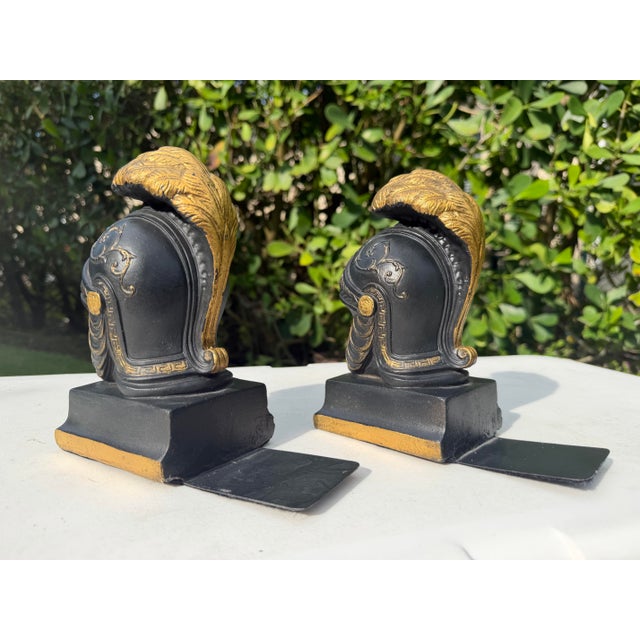 Vintage Neoclassical Greek Corinthian Helmet Bookends in Black & Gilt Finish, a Pair For Sale In Naples, FL - Image 6 of 10