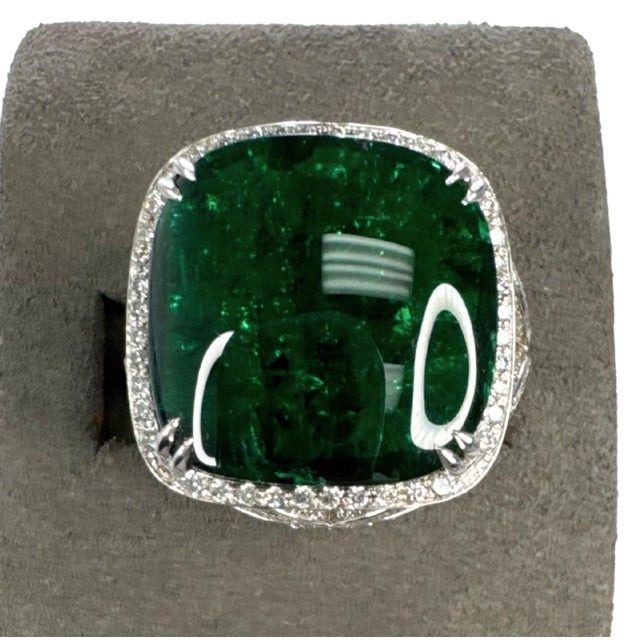 13.02 CTW Brazilian Emerald and Diamond Cocktail Ring in 18k White Gold, Size 6 For Sale - Image 11 of 12