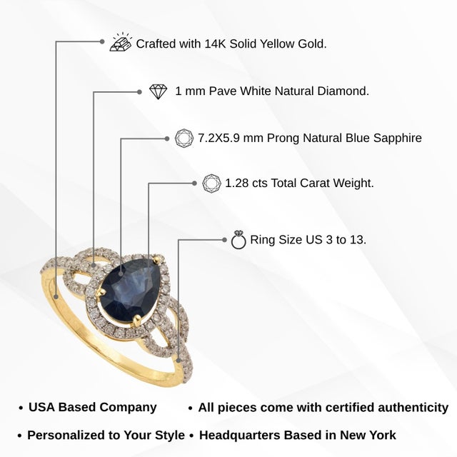 Classic Pear Cut Sapphire & Diamond Engagement Ring Size 8 in 14k Solid Gold For Sale - Image 13 of 17