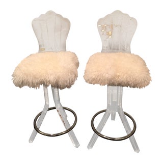 Lucite Swivel Bar Stool With Sheep Skin Fur - Pair For Sale
