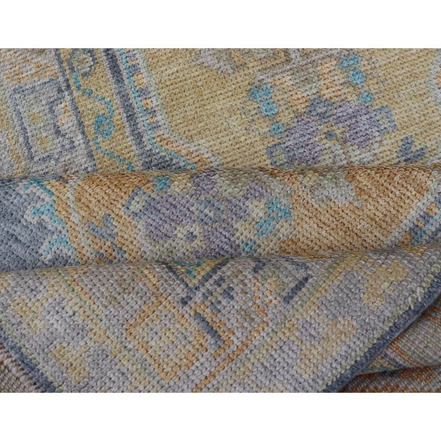 Turkish Oushak Runner in Pale Blue and Soft Gold Medallion Design 2'7 X 12'1 For Sale - Image 10 of 11