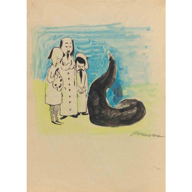 Watercolor drawing realized by Mino Maccari in 1955 ca. Hand signed lower right. Very good condition except for some fold...