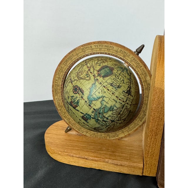 1960s Pair of MCM Wood Bookends. 1960s Vintage Old World Rotating Globe Map Made in Italy For Sale - Image 5 of 7