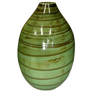 Thai Contemporary Artisan Made Ceramic Vase With Swirled Green and Brown Glaze For Sale