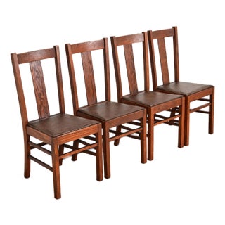 Limbert Style Antique Mission Oak Arts & Crafts T-Back Dining Chairs, Set of Four For Sale