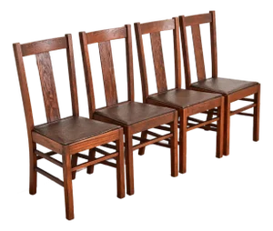 Limbert Style Antique Mission Oak Arts & Crafts T-Back Dining Chairs, Set of Four