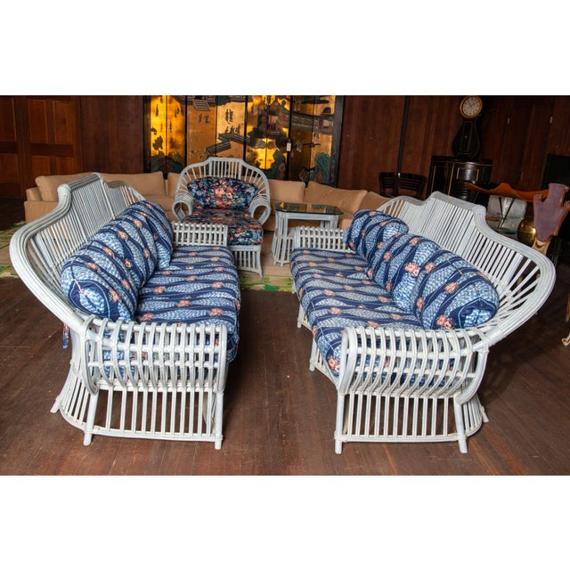 Wood Ficks Reed Rattan Sofa Set, Pale Blue Wash, Antique, 1970s, Six Pieces For Sale - Image 7 of 13