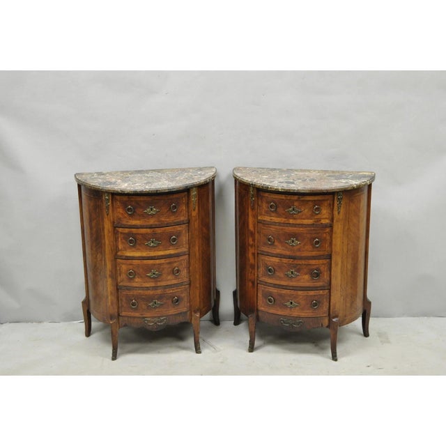 Antique French Louis XV Style Half Round Demilune Marble Top 4 Drawer Nightstand Bedside Tables with Bronze Ormolu and...