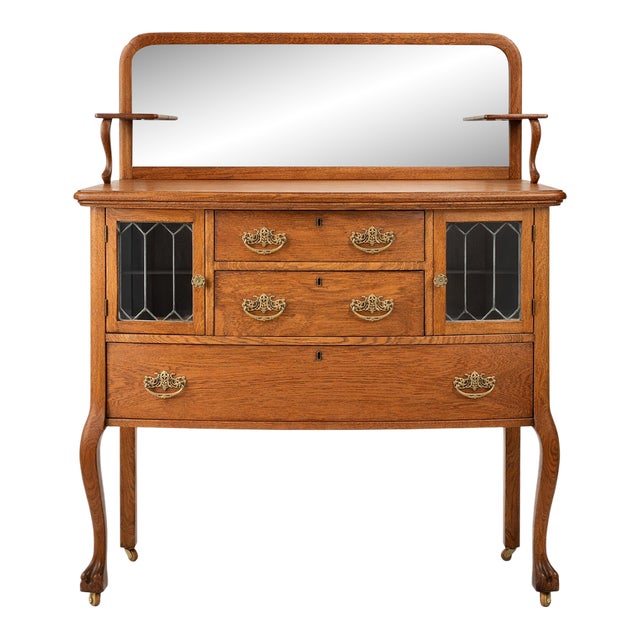 Victorian 1890s Tiger Oak Server Sideboard With Leaded Glass Doors & Claw Feet For Sale