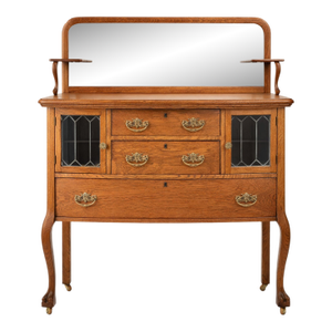 Victorian 1890s Tiger Oak Server Sideboard With Leaded Glass Doors & Claw Feet