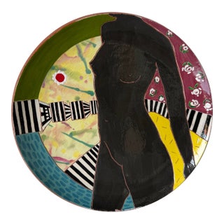 1980s Lois Barton Hand-Painted Modernist Figurative Art Ceramic Plate For Sale