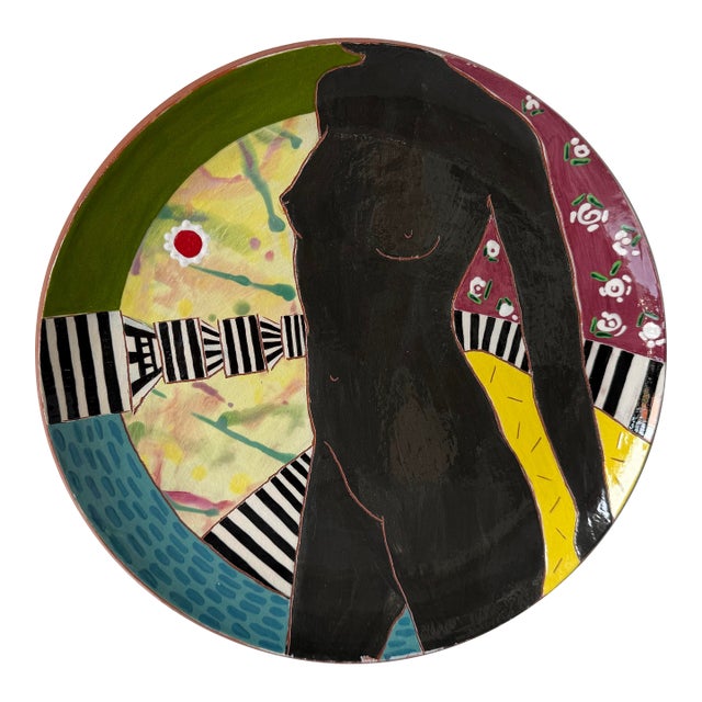 1980s Lois Barton Hand-Painted Modernist Figurative Art Ceramic Plate For Sale