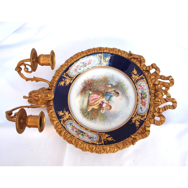 Pair of Antique Hand Painted Cabinet Plates Mounted as Wall Sconces For Sale - Image 10 of 10