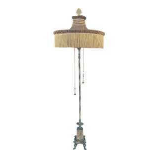 1910 Marble-Based Silver & Gold Colored Accents Floor Lamp with Fringe Shade For Sale