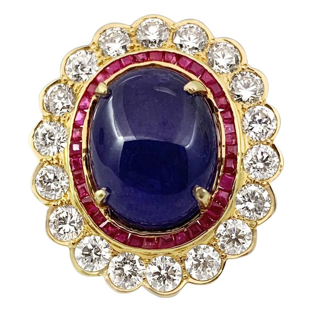 19.61 Carat Blue Sapphire Ring With Ruby and Diamond Halo Ring, Size-7.25 For Sale