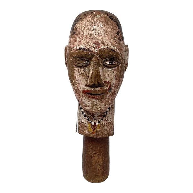 Early 20th Century Folk Art Wooden Sculpture With a Stylized Human Face. For Sale