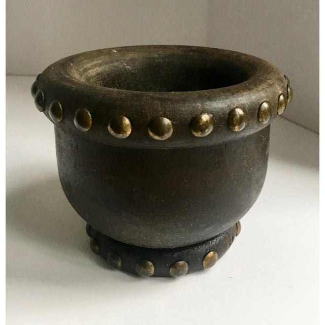 Rustic Wooden Mortar and Pestle With Nail Studs For Sale - Image 3 of 8