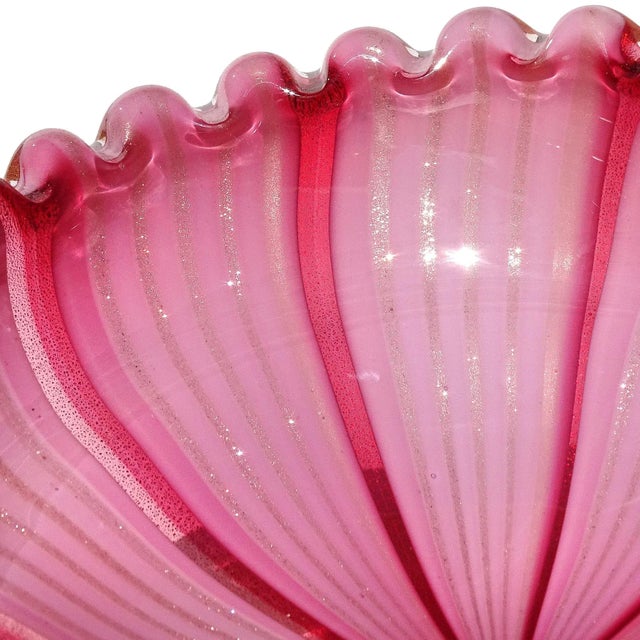 Glass Vintage Murano Mid Century Pink Aventurine Ribbons Gold Flecks Italian Art Glass Scalloped Rim Bowl For Sale - Image 7 of 10