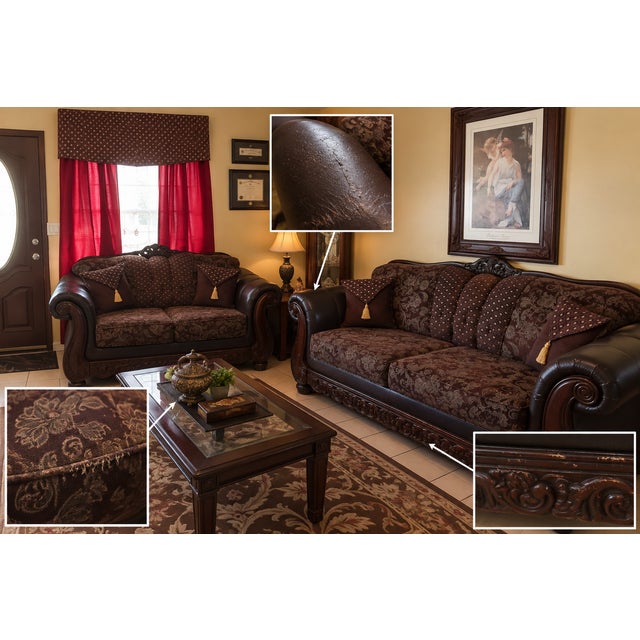 Ornate Traditional Burgundy Sofa & Loveseat Set For Sale - Image 9 of 9