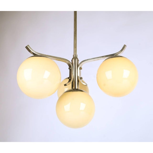 Art Deco Bauhaus Nickel Plated Chandelier with Opaline Glass, 1930s For Sale - Image 4 of 9