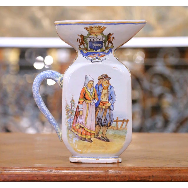 French 19th C. French Porquier-Beau Quimper Pitcher Vase With Coat of Arms & Bretons For Sale - Image 3 of 14