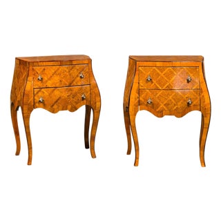 Mid 20th Century Italian Rococo Style Burl Wood Marquetry Bedside Chests with Cabriole Legs For Sale