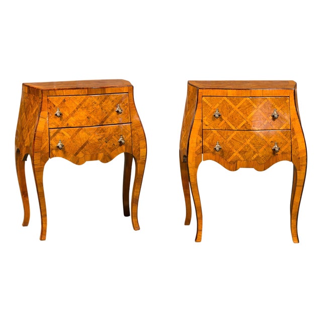 Mid 20th Century Italian Rococo Style Burl Wood Marquetry Bedside Chests with Cabriole Legs For Sale