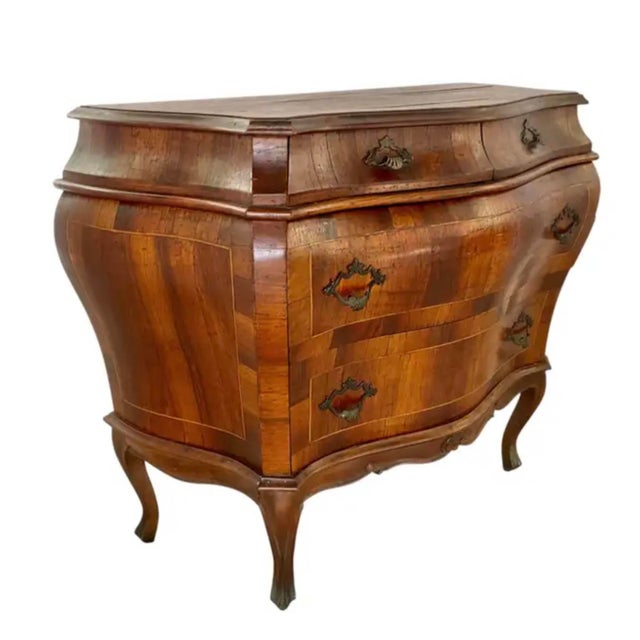 Brown Italian Inlaid Walnut Bombé Commodes, Baroque Style, Mid-20th Century For Sale - Image 8 of 18