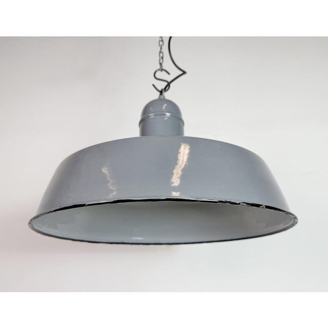 Industrial Grey Enamel Factory Pendant Lamp, 1960s For Sale - Image 6 of 18