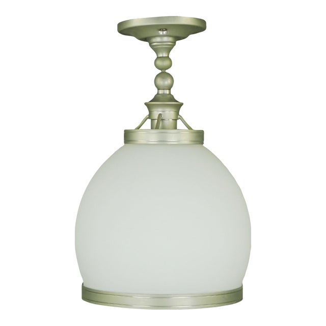 Mid 20th Century Modern White Glass & Brushed Steel Semi Flush Mount Light For Sale