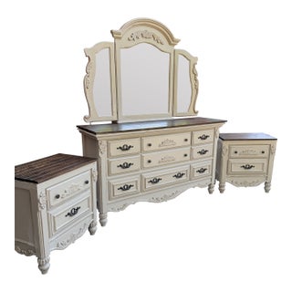 Ornate French Country Linen Bisque Dresser, Trifold Mirror & Nightstands For Sale