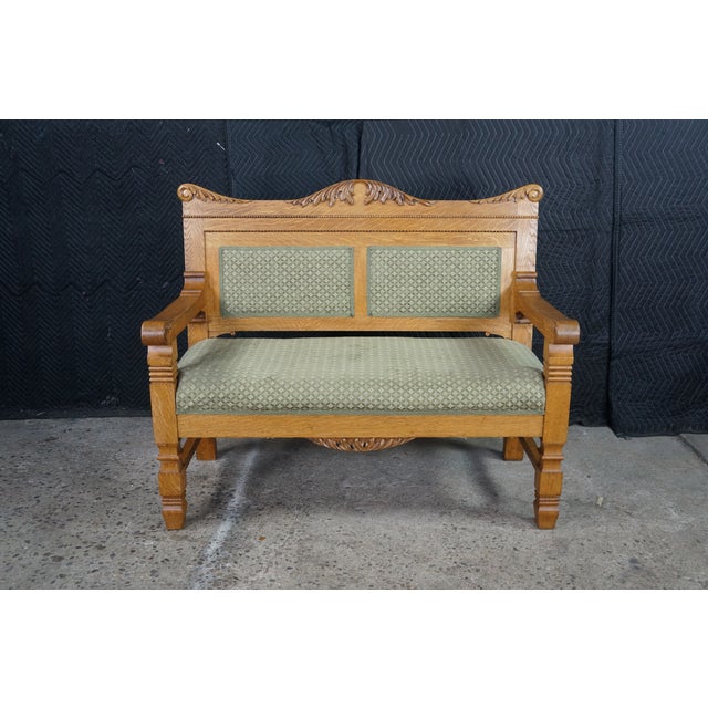 Antique Victorian American Empire Quartersawn Oak Carved Settee Bench Loveseat For Sale - Image 4 of 18