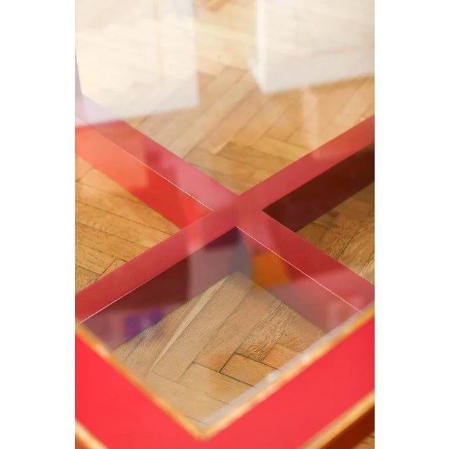1970s Large China Red Lacquered Low Lounge Table with Brass Details, Italy, 1970s For Sale - Image 5 of 6