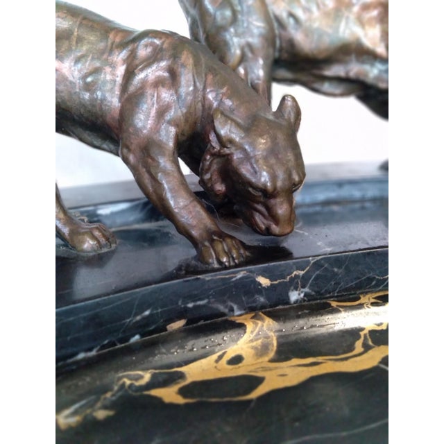 Early 20th Century Austrian Art Deco Bronze Big Cat Double Inkwell Desk Set on Black Veined Marble For Sale - Image 5 of 7