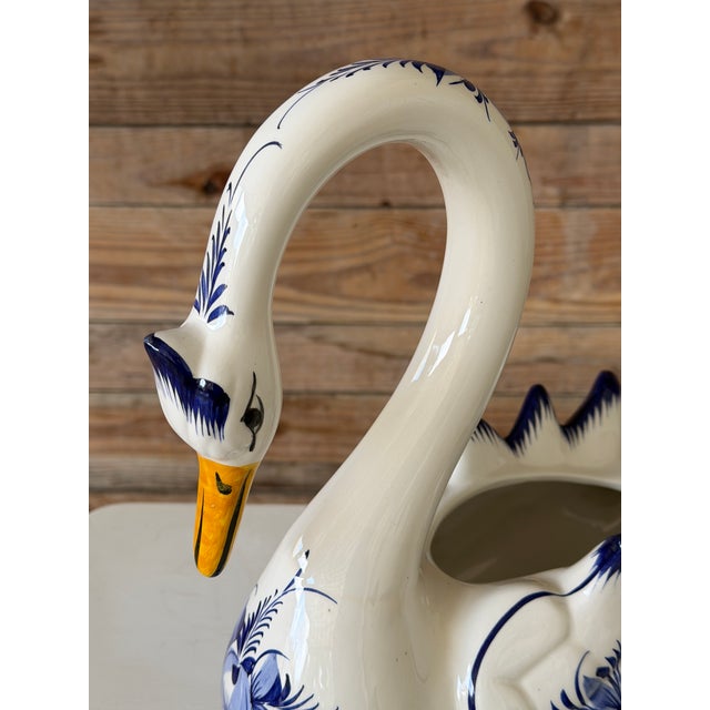 Hand-Painted Chinoiserie Portuguese Blue & White Swan Planter / Cachepot For Sale - Image 10 of 11