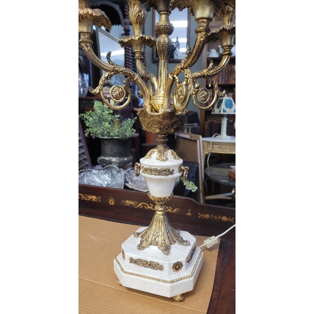 1950s Pair French Stone and Gilt Brass Candelabra Lamps For Sale In Philadelphia - Image 6 of 16