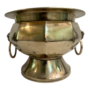 Vintage Brass Pedestal Censer or Cachepot With Lions Head Ring Handles
