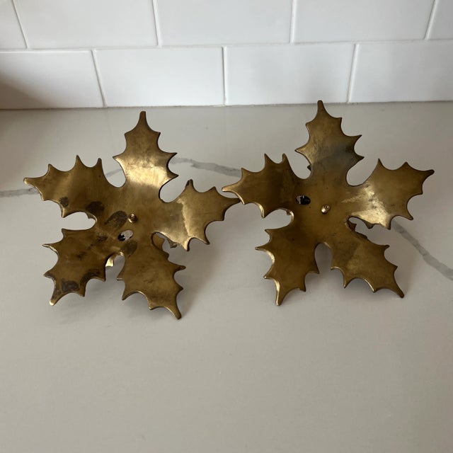 Mid 20th Century Brass Holly Candleholders - a Pair For Sale - Image 4 of 5