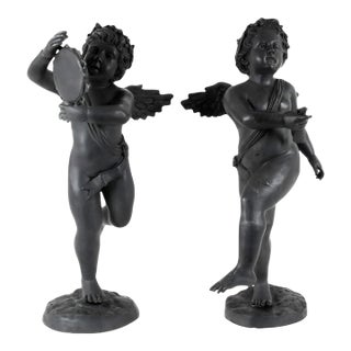 Pair of Cast Metal Garden Cherub Statues, Classical Outdoor Decor For Sale