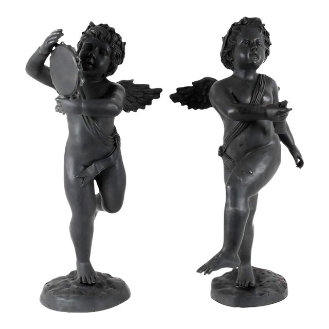 Pair of Cast Metal Garden Cherub Statues, Classical Outdoor Decor For Sale