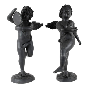 Pair of Cast Metal Garden Cherub Statues, Classical Outdoor Decor
