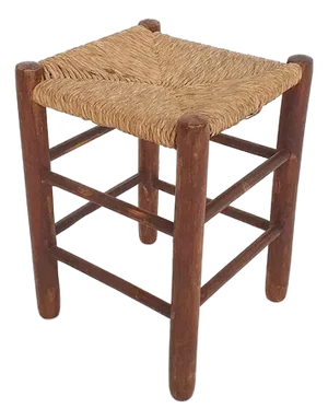Mid-Century Wooden Stool with Rattan Seating, 1970s