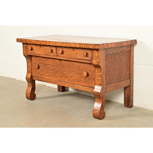 Antique American Empire Carved Tiger Oak Lowboy Dresser, Circa 1900 For Sale - Image 11 of 11