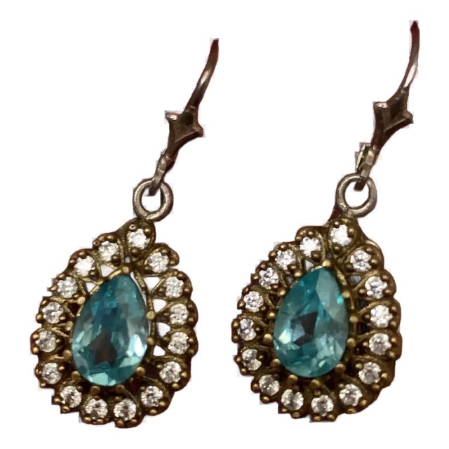 1940s Pair of Teardrop Blue Topaz Earrings For Sale
